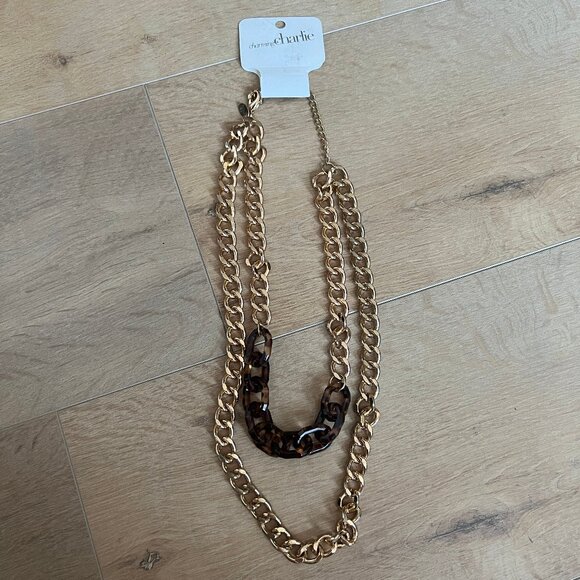 Layered Gold Tone and Tortiseshell Chain Necklace - Picture 2 of 2